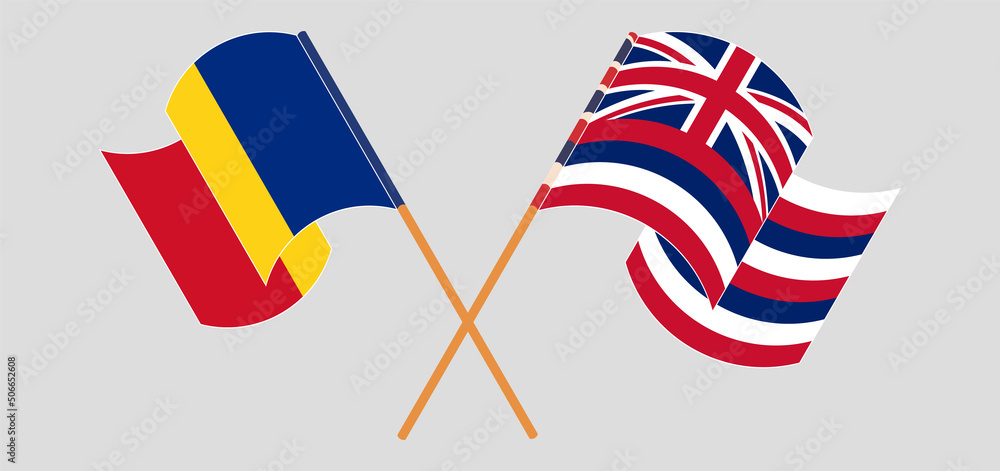 Crossed and waving flags of Romania and The State Of Hawaii Crossed and waving flags of Romania and The State Of Hawaii