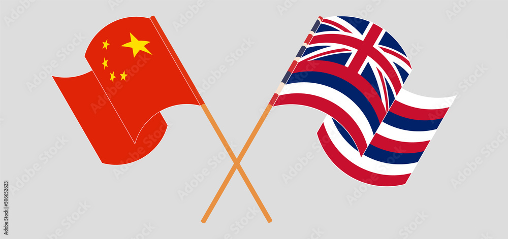 Fototapeta premium Crossed and waving flags of China and The State Of Hawaii
