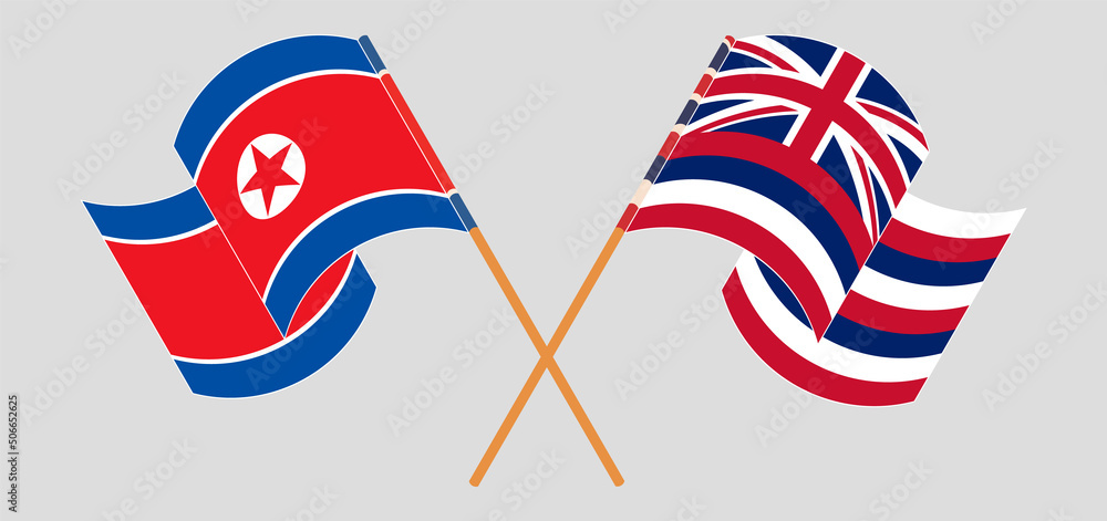 Crossed and waving flags of North Korea and The State Of Hawaii