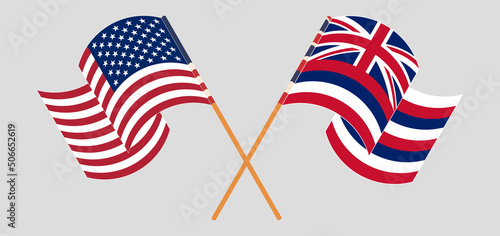 Crossed and waving flags of the USA and The State Of Hawaii