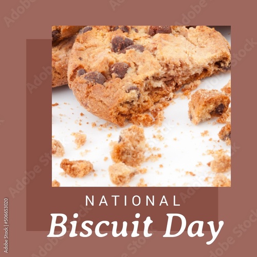 Digital composite of national biscuit day text and chocolate chip biscuits on table, copy space