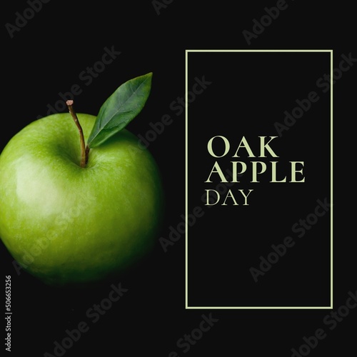 Digital composite image of green apple with oak apple day text on black background, copy space