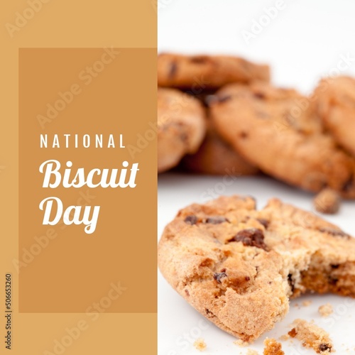 Digital composite image of chocolate chip biscuits and national biscuit day text, copy space
