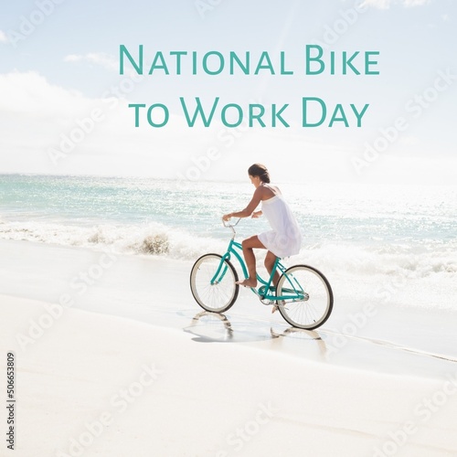 Digital composite of national bike to work day text over caucasian woman riding bicycle at beach