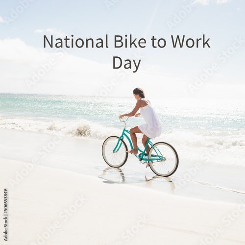 Digital composite of national bike to work day text on caucasian woman cycling at beach on sunny day