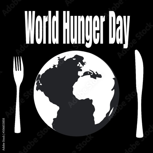 Illustration of fork and table knife with world hunger day text and planet earth on black background