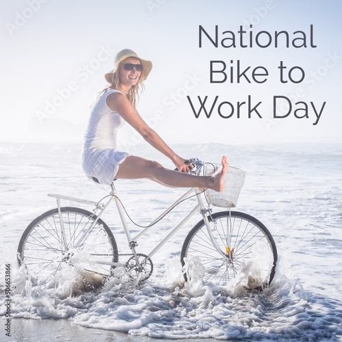 Digital composite image of national bike to work day text by caucasian woman on bicycle at beach