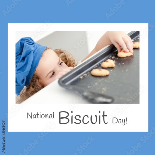 Composite of national biscuit day text with caucasian girl keeping biscuits in tray, copy space