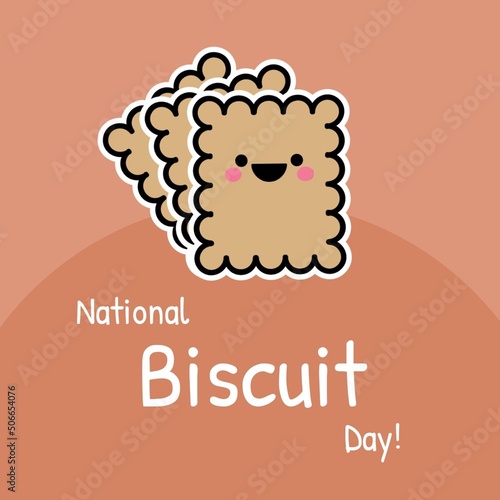 Illustration of national biscuit day text with biscuits against brown background, copy space