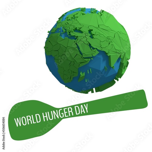 Illustration of world hunger day text on spoon by planet earth over white background, copy space