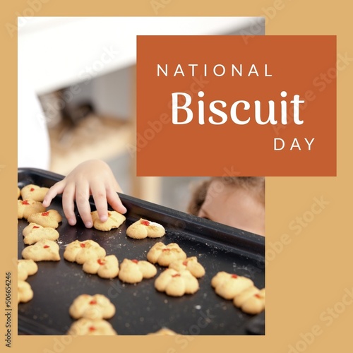 Composite image of national biscuit day text with caucasian girl keeping biscuit in tray