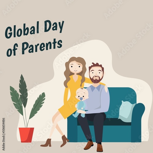 Digital composite image of global day of parents text by caucasian parents with baby sitting on sofa