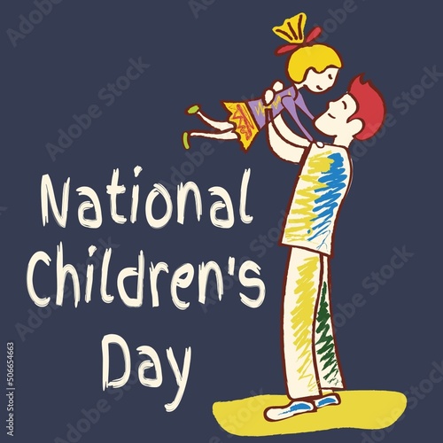 Digital composite image of national children s day text by father holding aloft daughter
