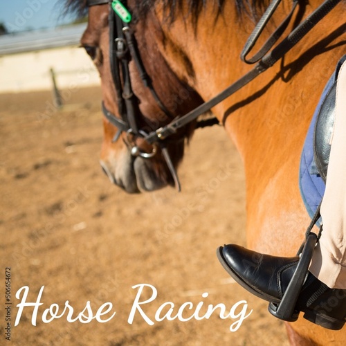 Composite image of low section of caucasian boy riding horse in ranch and horse racing text