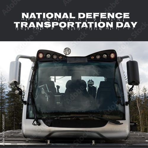 Composite of national defense transportation day text and caterpillar track vehicle, copy space