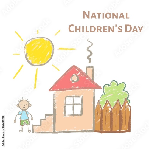 Digital composite image of national children's day text on boy by house and sun drawing