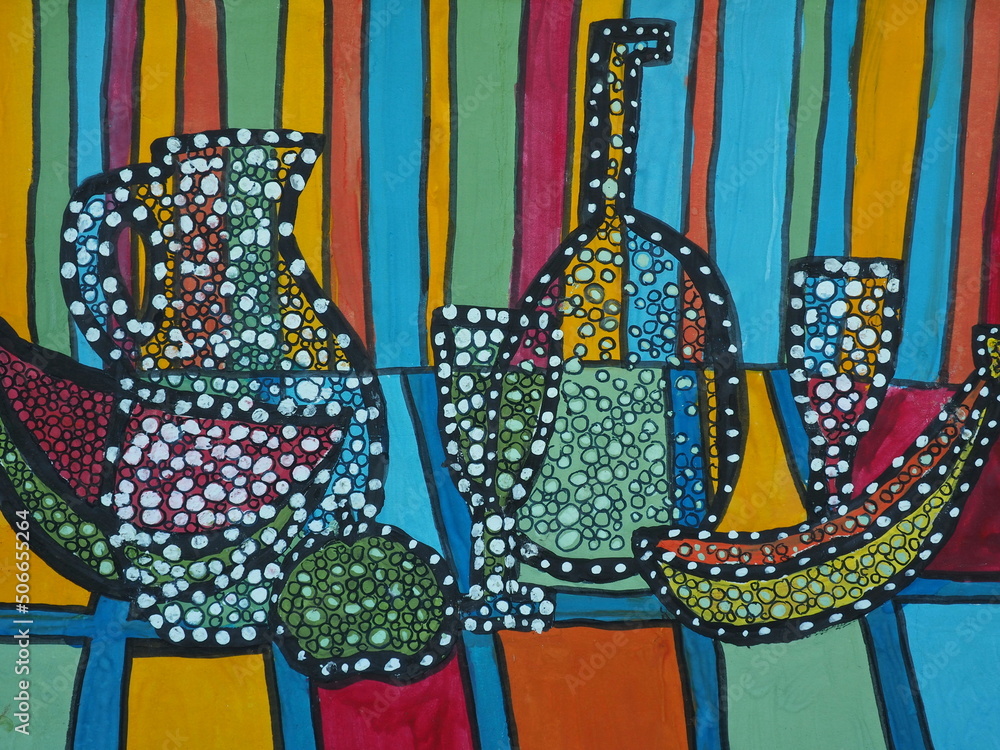 Abstract painting with bottles and fruits. Colorful food illustration. A healthy diet