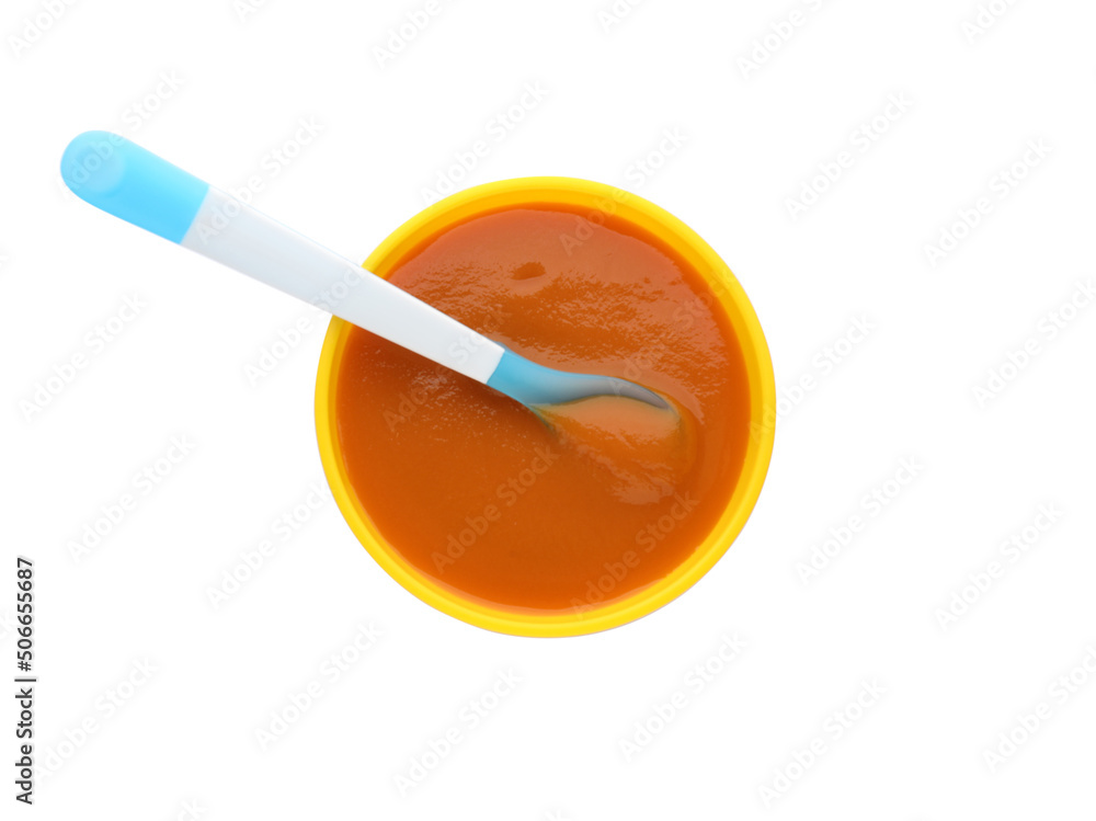 Healthy baby food in bowl on white background, top view Healthy baby food in bowl on white background, top view