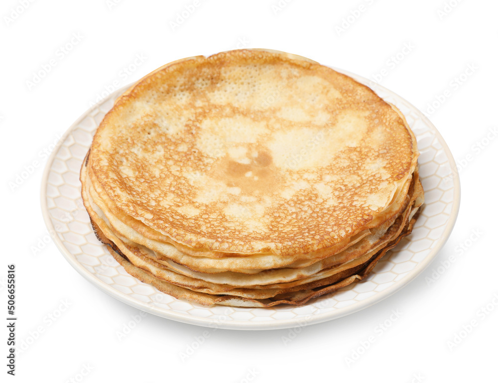 Stack of delicious crepes on plate against white background Stack of delicious crepes on plate against white background