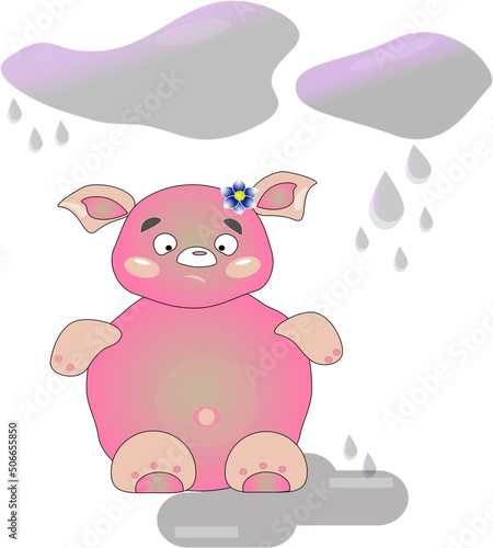 Sweet pink piggy under the rain