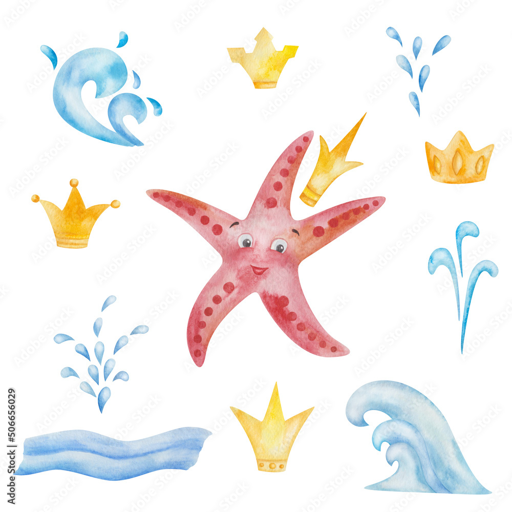 Watercolor illustration of hand painted red five finger starfish, golden crowns, splash of water. Cartoon sea animal creature with face, smile. Ocean life. Isolated clip art for children fabric print Watercolor illustration of hand painted red five finger starfish, golden crowns, splash of water. Cartoon sea animal creature with face, smile. Ocean life. Isolated clip art for children fabric print