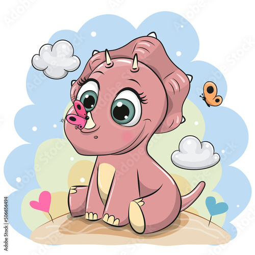 Cartoon dinosaur with butterflies on a blue background