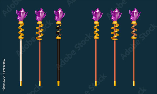 Vector illustration set of luxury magic staves for wizard or sorcerer. Magic props for rpg games in casual style. Black, white or wooden stick with gold spiral and purple gems, crystals for gaming ui