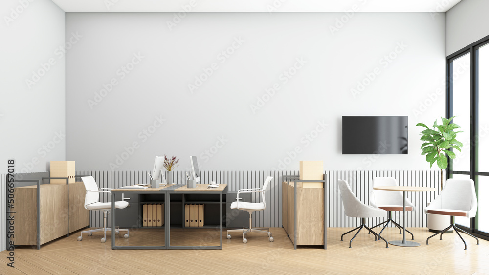 Fototapeta premium Minimalist office room with filing cabinet and small meeting table. 3d rendering
