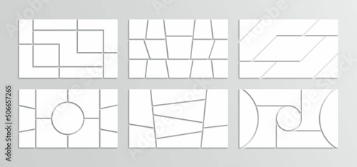 Photo album template set. Mood board collage grid. Mosaic pictures frame. Retro gallery banner. Moodboard layout collection. Portfolio images isolated on gray background. Vector illustration