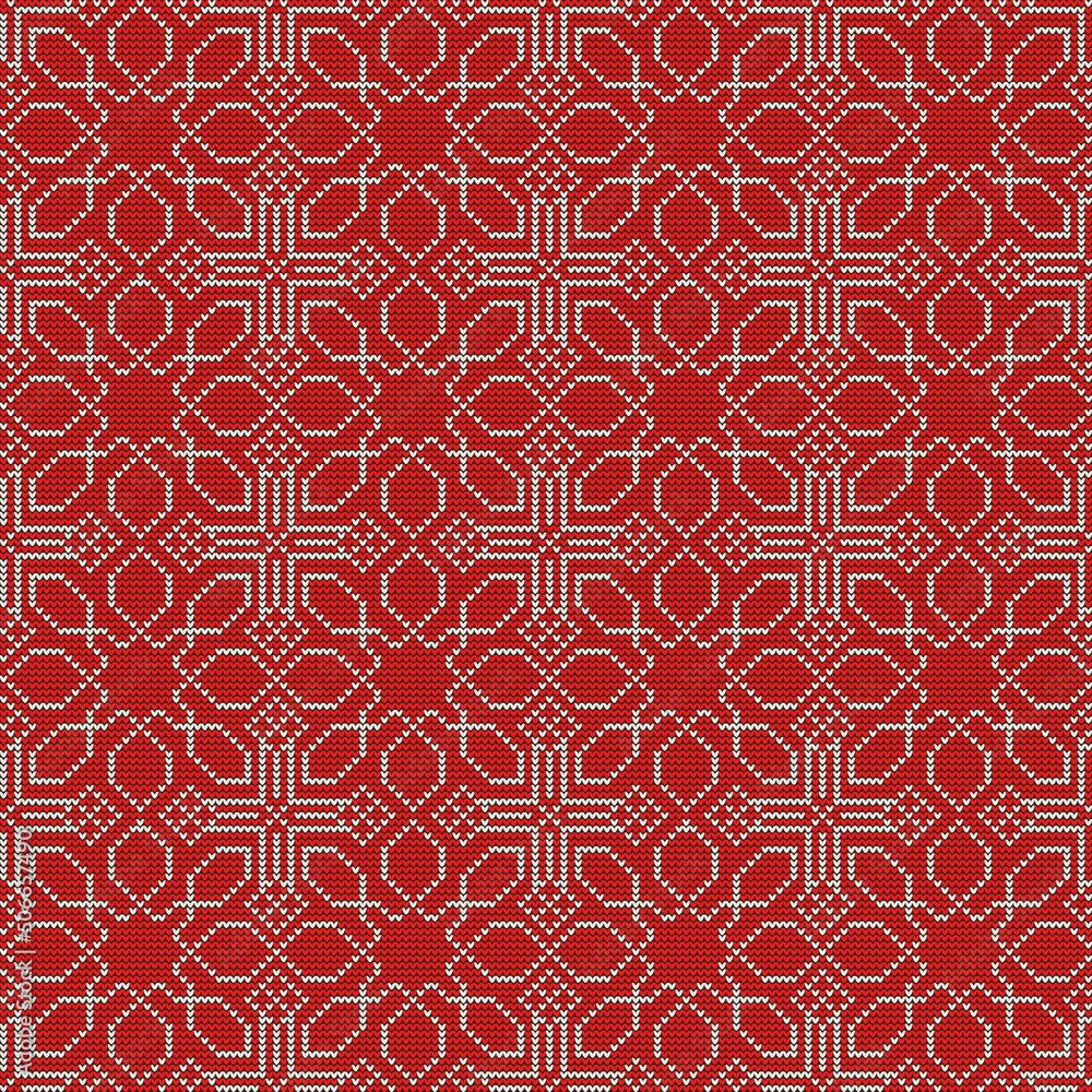 Seamless oriental ethnic knitted pattern. Seamless knitted ornamental vector pattern in red and white colors as fabric texture, pattern for knitting, design, decoration