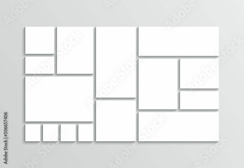 Mood board template. Collage grid. Photo moodboard layout. Mosaic pictures frame. Gallery banner. Album brandboard. Organised portfolio. White images isolated on gray background. Vector illustration