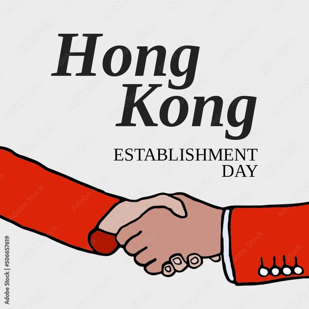 Fototapeta premium Illustration of hong kong establishment day text and cropped hands of people giving handshake