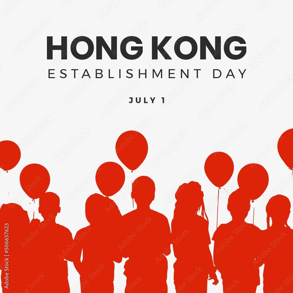 Fototapeta premium Illustration of hong kong establishment day and july 1 text with people holding balloons, copy space