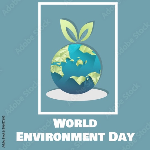 Illustration of earth with leaves and world environment day text on blue background, copy space