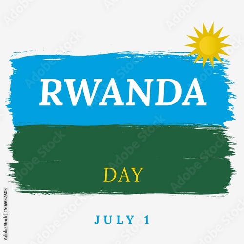 Illustration of rwanda day and july 1 text with sun on white, blue and green background, copy space
