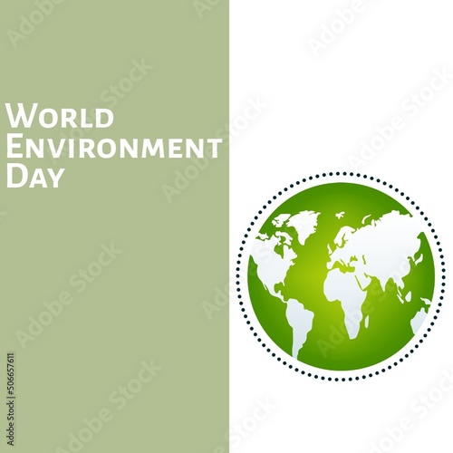 Illustration of green earth and world environment day text on gray and white background, copy space