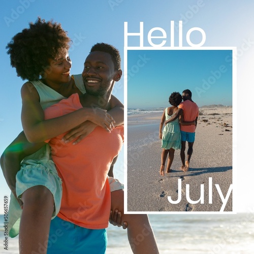 Hello july text banner against african american couple enjoying at the beach
