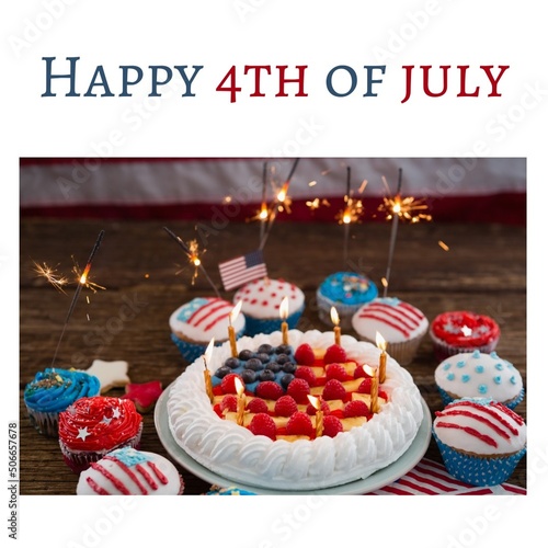 Happy 4th of july text banner and cake and cupcakes on wooden surface against white background
