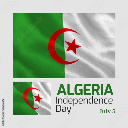 Illustration of july 5 and algeria independence day text with algeria national flags, copy space