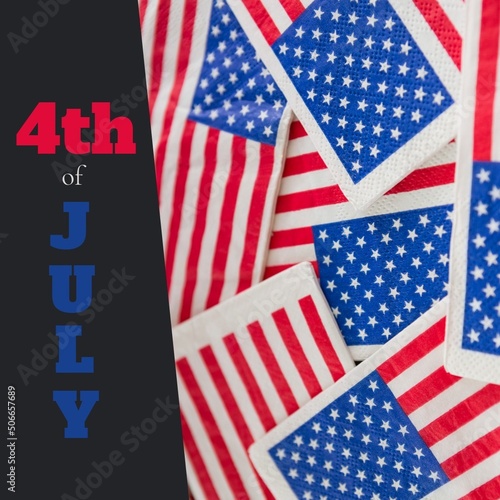 4th of july text banner against multiple american flag miniatures in background