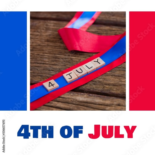 4th of july text over a red and blue ribbon on wooden surface against white background