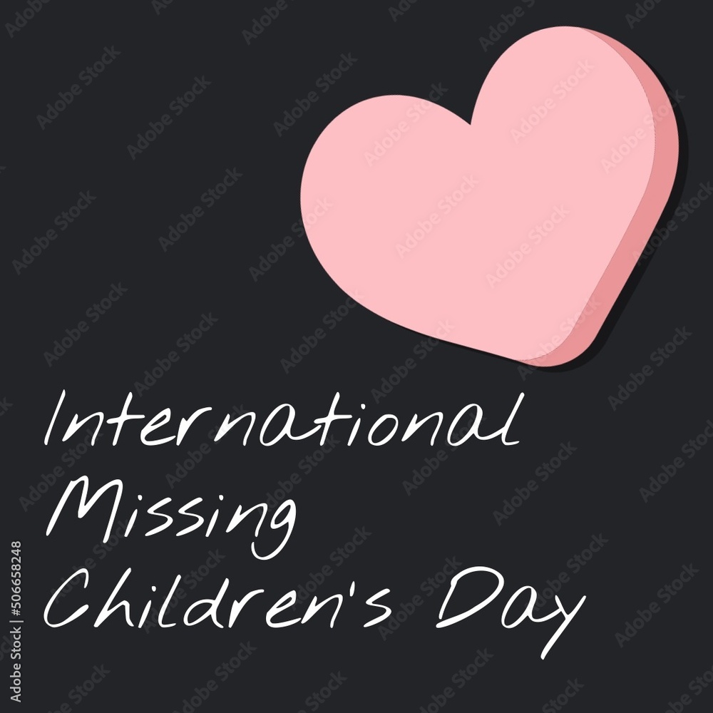 International missing children's day text and red heart on black background, copy space