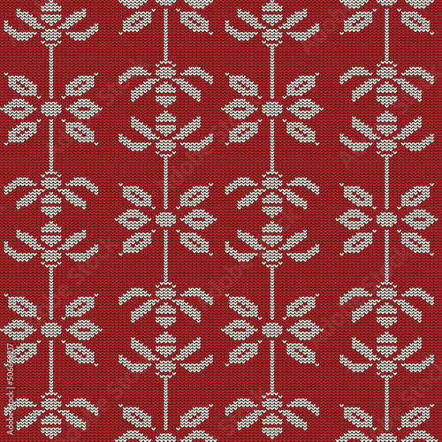 Knitted vector background with wool sweater texture. Retro textile winter fabric fashion design ornament. retro decoration illustration. Red, white colors. Flowers
