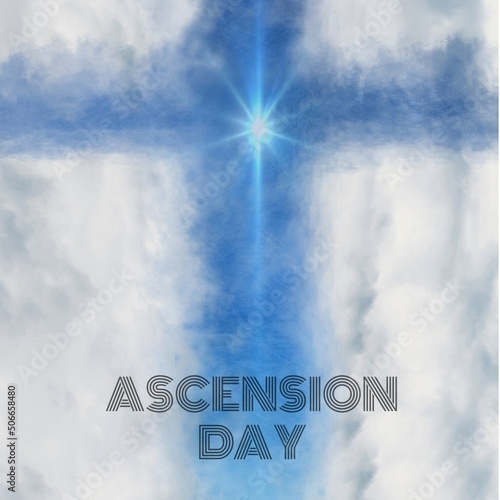 Ascension day text with blue cross in cloudy sky, copy space