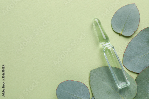 Pharmaceutical ampoule with medication and eucalyptus leaves on green background, flat lay. Space for text photo