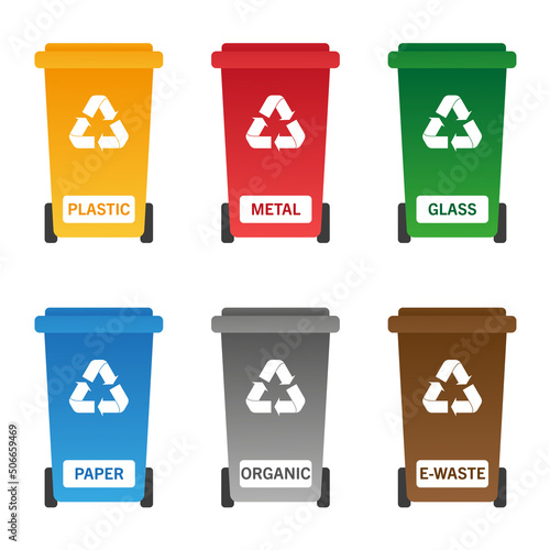 Recycling bins. Yellow, red, green, blue, grey and brown recycling bins with recycle logo. Plastic, metal, glass, paper, organic and e-waste recycling. Isolated on white background.