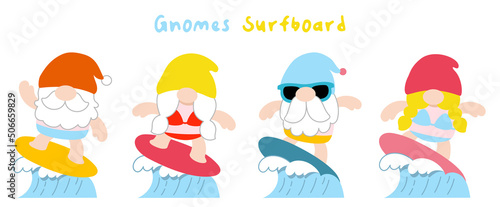 Gnomes surfboard summer, Flat clipart