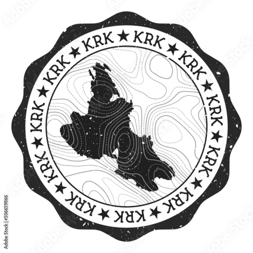 Krk outdoor stamp. Round sticker with map of island with topographic isolines. Vector illustration. Can be used as insignia, logotype, label, sticker or badge of the Krk.