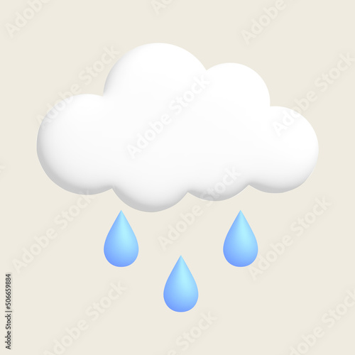 Rain, white cloud, raindrops. Cute weather realistic icon. 3d cartoon.