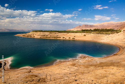 Jordan - The panoprama view of beautiful seacoast and beach of Dead sea near Wadi Mujib photo